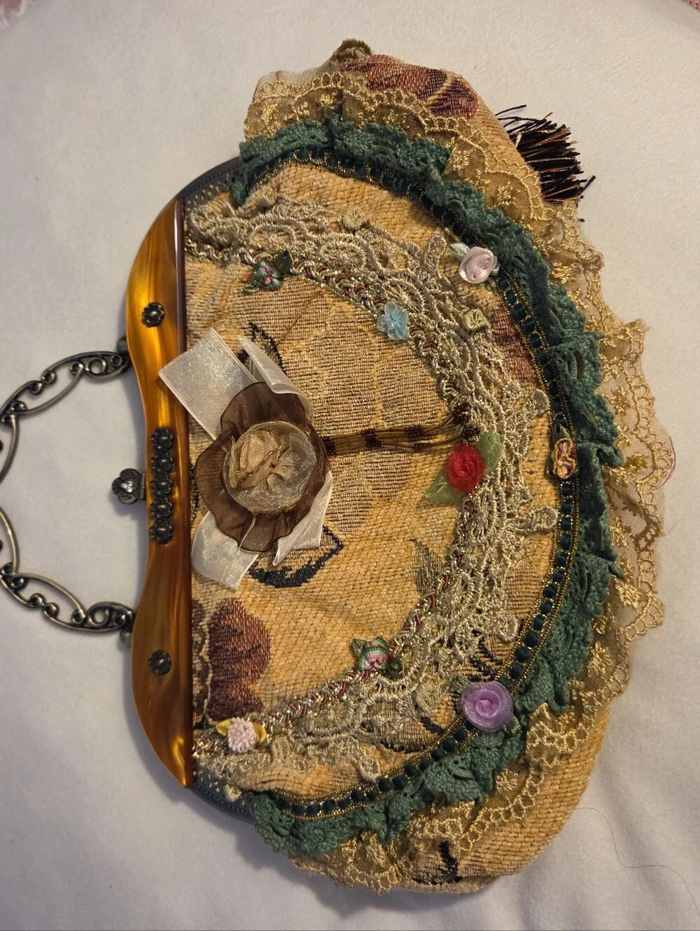 Vintage-Inspired Floral Lace Handbag in Gold and Green